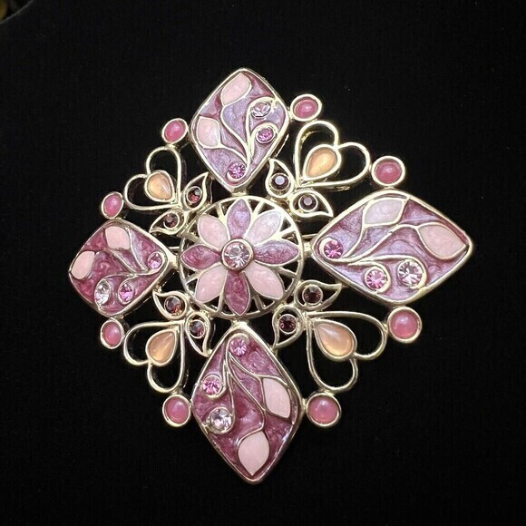 Vintage Purple Enamel and Rhinestone Square Brooch 1.5" x 1.5" - Picture 6 of 10